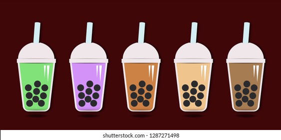 Drink Set Bubble Tea colorful.Pearl milk tea, black pearls is Taiwanese famous and popular drink.Vector illustration of bubble tea colorful on  background.vector paper art and digital craft style.