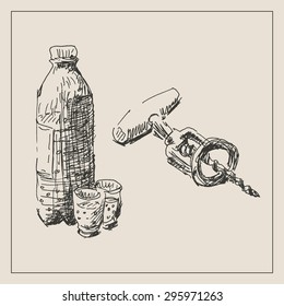 Drink set with glass , bottle and  corkscrew, in engraving etching sketch hand drawing style, for restaurant and  cafe design