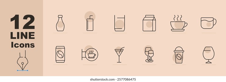 Drink set icon Bottle, juice box, glass, milk carton, coffee cup, mug, coffee package, steaming cup, martini, wine glasses, frappe cup, brandy glass. Beverages, cafe, refreshments