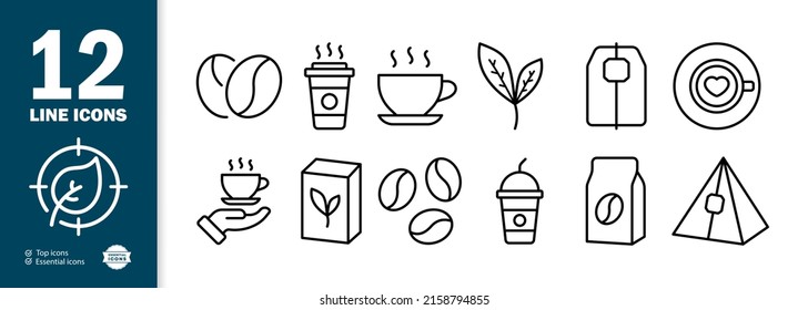 Drink set icon. Coffee beans, latte, cappuccino, tea, hot drinks, tea bag, mug, cup. Beverage concept. Vector line icon for Business and Advertising