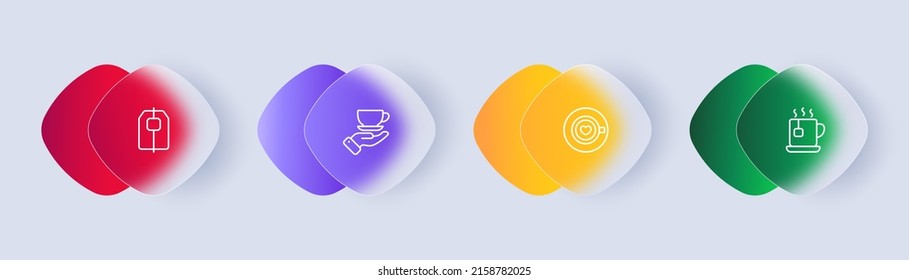 Drink set icon. Tea bag, mug, cup, coffee, latte, coffee house, mug, coffee, coffee beans. Barista concept. Glassmorphism style. Vector line icon for Business and Advertising