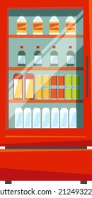 Drink showcase. Red store fridge with glass doors