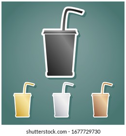 Drink sign illustration. Set of metallic Icons with gray, gold, silver and bronze gradient with white contour and shadow at viridan background. Illustration.