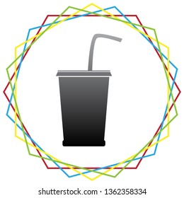 Drink sign illustration. Vector. Black icon with patch of light inside colorful hexagonal frames at white background.