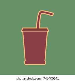 Drink sign illustration. Vector. Cordovan icon and mellow apricot halo with light khaki filled space at russian green background.