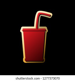 Drink sign illustration. Vector. Red icon with small black and limitless shadows at golden sticker on black background.
