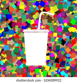 Drink sign illustration. Vector. White icon on colorful background with seamless pattern from squares.
