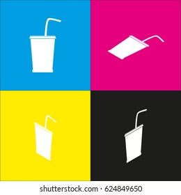 Drink sign illustration. Vector. White icon with isometric projections on cyan, magenta, yellow and black backgrounds.