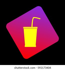 Drink sign illustration. Vector. Yellow icon at violet-red gradient square with rounded corners rotated for dynamics on black background.