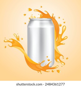 Drink Silver Can with fruit splash vector Dark Background.