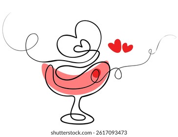 Drink in single black line glass with red cherries and hearts. Vector isolated drawing wine in glass container. Exquisite line. Design restaurant, cafe, date, wedding, lovers, bar