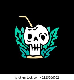 Drink skull head with leafs, illustration for t-shirt, sticker, or apparel merchandise. With doodle, retro, and cartoon style.