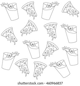 Drink and slices of pizza with cheese on a white background. Juice and pizza. Hand drawing. Vector illustration. Seamless pattern.