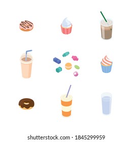 Drink and snack set. Isometric vector illustration in flat design.