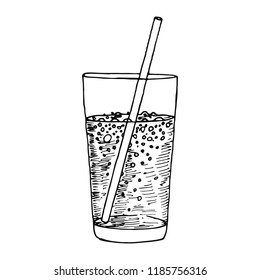 drink soda in a glass with a tube isolated sketch.