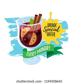 Drink special offer with Mulled wine. Autumn drink. Christmas holiday alcoholic cocktail. Colorful realistic hand drawn illustration glintwein. Anise star, cinnamon sticks, orange, wine and cloves.