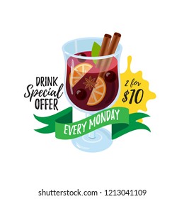 Drink special offer with Mulled wine. Autumn drink banner. Christmas holiday alcoholic cocktail menu. Vector Colorful illustration glintwein. Anise star, cinnamon sticks, orange, wine and cloves.
