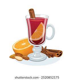 Glögg drink with with spices, orange, raisins, almonds vector illustration. Glogg alcohol drink with mulled wine, cinnamon, orange and anise icon on a white background. Hot Christmas drink drawing