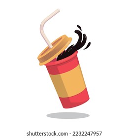 Drink with straw in cup to go. Drink splash. Flat design. Vector illustration. Cold drink fast food.