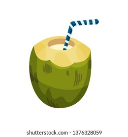 Drink with a straw in half green coconut. Vector illustration.