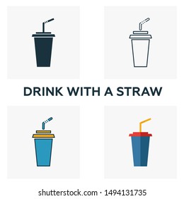 Drink With A Straw icon set. Four elements in diferent styles from fastfood icons collection. Creative drink with a straw icons filled, outline, colored and flat symbols.