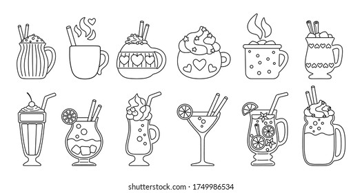Drink summer flat line set. Black linear cartoon beverages hot and fresh. Cute mugs cocoa, coffee milk, cream and mulled wine, alcohol. Party drinks decorated candy, marshmallow. Vector illustration