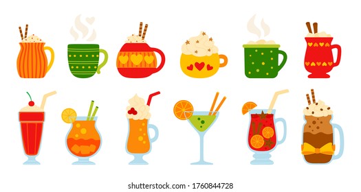 Drink summer flat set. Cartoon different beverages hot and fresh. Cute mugs cocoa, coffee milk, cream and mulled wine, alcohol. Party drinks decorated candy, marshmallow. Isolated vector illustration