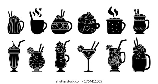 Drink summer flat silhouette set. Black glyph cartoon beverages hot, fresh. Cute mugs cocoa, coffee milk, cream and mulled wine, alcohol. Party drinks decorated candy, marshmallow. Vector illustration