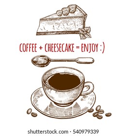 Drink and sweets. A cup of coffee, dessert spoon, cheesecake isolated on white background. Vintage engraving style. Vector illustration art. For restaurants menu, cafes, recipes, bakery, confectionery