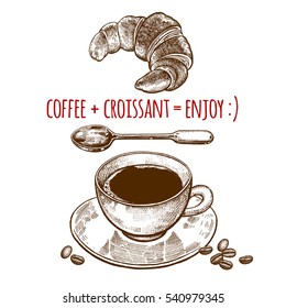 Drink and sweets. Cup of coffee, dessert spoon and croissant isolated on white background. Vintage engraving style. Vector illustration art. For restaurants menu, cafes, recipes, bakery, confectionery
