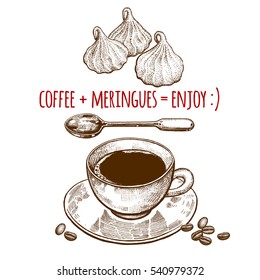 Drink and sweets. Cup of coffee, dessert spoon and meringues isolated on white background. Vintage engraving style. Vector illustration art. For restaurants menu, cafes, recipes, bakery, confectionery
