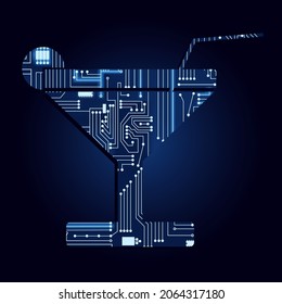 Símbolo de bebida con un circuito electrónico tecnológico. Fondo Azul.