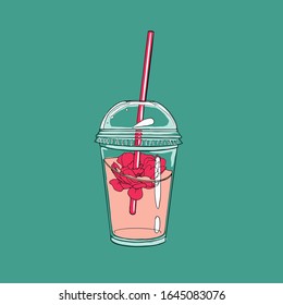 Drink takeaway in the plastic cup with the tube. Cold summer drink. Flower inside the water. Flower in the cup.