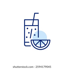 Drink in a tall glass with straw and slice of lemon. Refreshments, home made lemonade, juice, smoothie or iced tea. Cocktails for party and bar. Pixel perfect, editable stroke vector icon