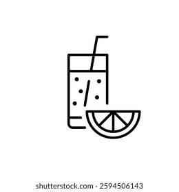 Drink in a tall glass with straw and slice of lemon. Refreshments, home made lemonade, juice, smoothie or iced tea. Cocktails for party and bar. Pixel perfect, editable stroke vector icon