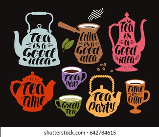 Drink, tea, coffee label set. Collection decorative elements for menu restaurant or cafe. Lettering, calligraphy vector illustration