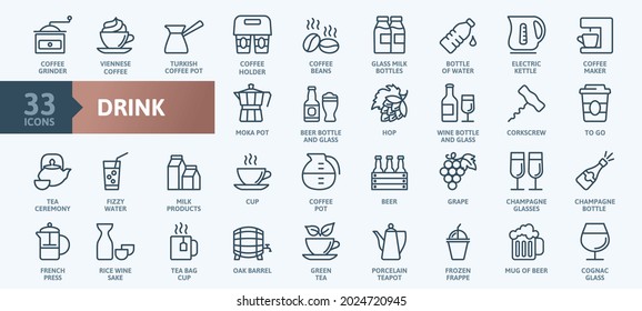 Drink - thin line web icon set. Outline icons collection. Simple vector illustration.