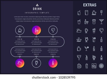 Drink timeline infographic template, elements and icons. Infograph includes years, line icon set with bar drinks, alcohol beverage, hot drinks, glasses and bottles, non-alcoholic beverages etc.