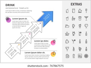 Drink timeline infographic template, elements and icons. Infograph includes stages with years, line icon set with bar drinks, alcohol beverages, glasses and bottles, non-alcoholic beverages etc.