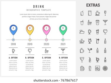 Drink timeline infographic template, elements and icons. Infograph includes options with years, line icon set with bar drinks, alcohol beverages, glasses and bottles, non-alcoholic beverages etc.