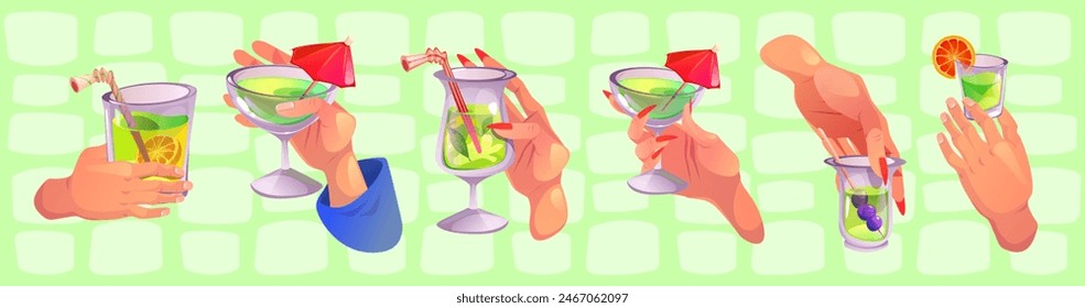 Drink toast with cocktail in hand. Woman holding alcohol beverage glass with martini to cheer. Whiskey, gin and tonic to celebrate birthday with friend company. Festive holiday friendship design