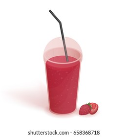 Drink in transparent plastic cup with lid and straw. Smoothie with strawberry. Beverage, realistic vector illustration on white background.