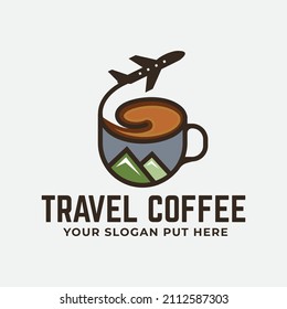 Drink and travel mug symbol. Travel coffee stock vector. Coffee cup with airplane and mountain logo design.  