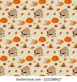 Drink and treats seamless pattern. Coffee to go cup, cookies and spices. Vector background.