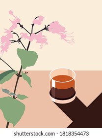 Drink and tropical flower flat design, a clear glass of whiskey and tropic flower on table in sunny day with long shadow, blank illustration summer drink concept illustration