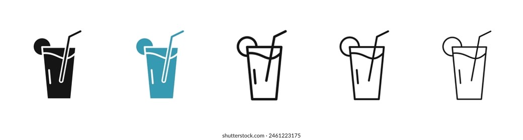 Drink Vector Icon Set. Beverage Sign. Cold Juice Glass with Straw Symbol. Refreshment Soft Drink Icon for UI Designs.