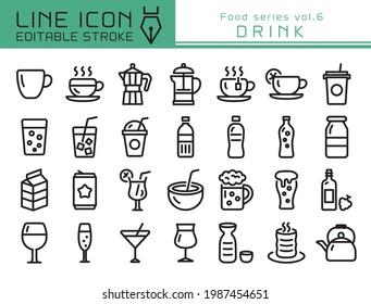 Juego de iconos del vector de bebidas.  Icono de línea modificable.