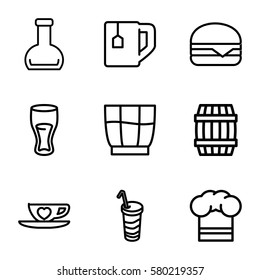 drink vector icons. Set of 9 drink outline icons such as barrel, drink, tea cup, cheeseburger, cup with heart, bottle