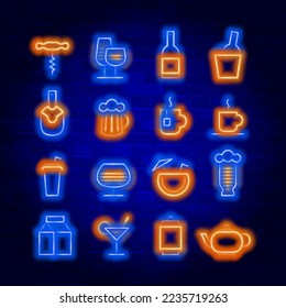 Drink vector neon icons set. Neon colors symbols for your design.