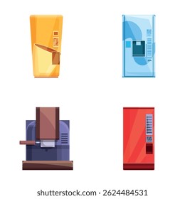 Drink vending icons set cartoon vector. Various type of beverage machine. Self service technology